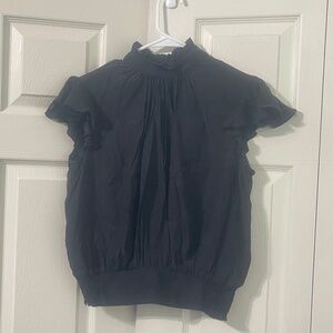 Frame ruffled smocked silk top blouse black  mock neck button up back.      #448
